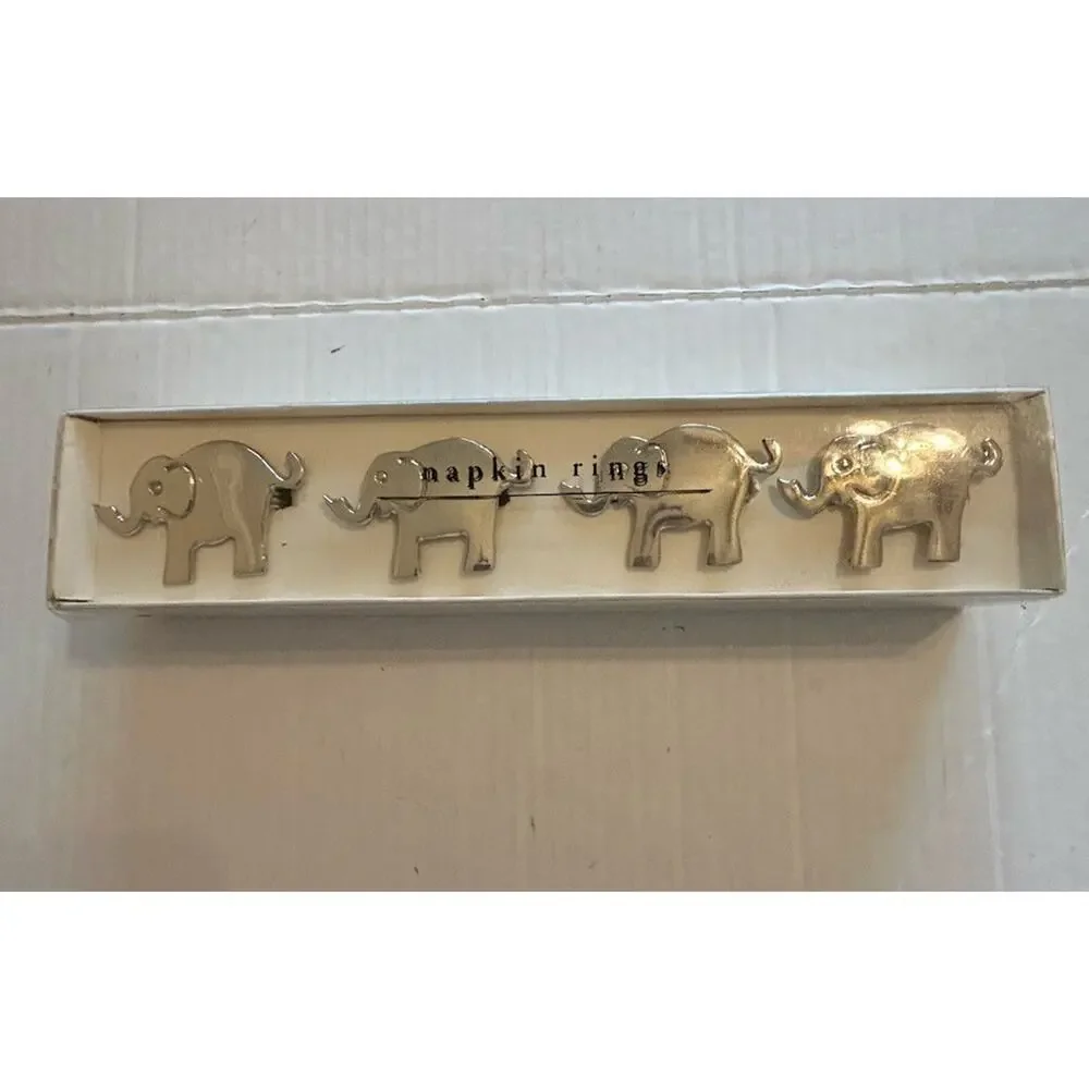 VTG PIER ONE Napkin Rings set of 4 Elephants Nickel Plated Silver Trunk Up Table